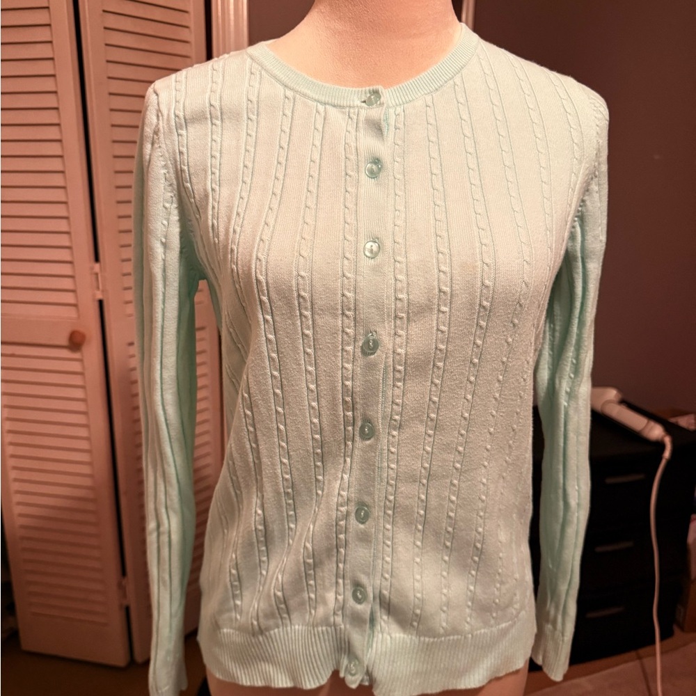 Ann Taylor Mint Green Button-Front Cable Cardigan